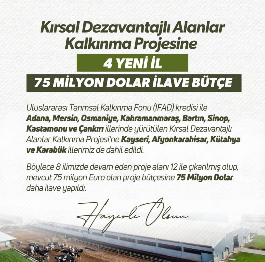 Tarım ve Orman Bakanlığı, Kırsal Dezavantajlı Alanlar Kalkınma Projesi'ne Kayseri,