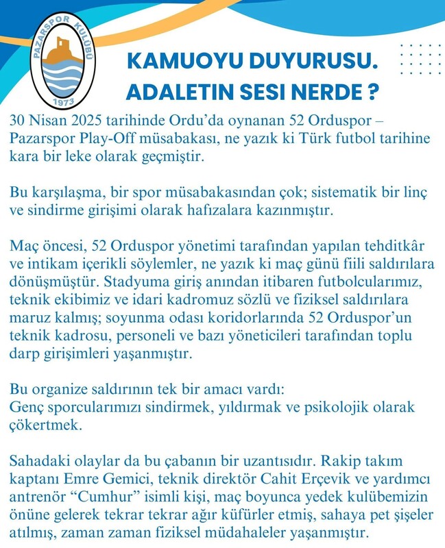 30 Nisan 2025 tarihinde Ordu’da oynanan 52 Orduspor – Pazarspor