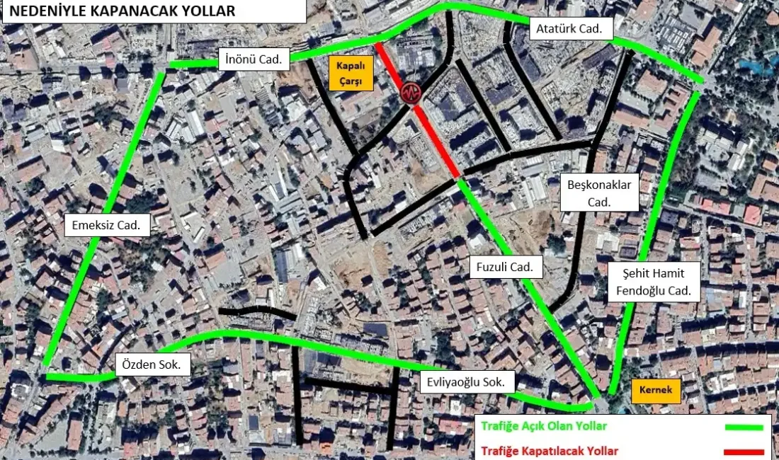 İnönü Caddesi’nden Fuzuli Caddesi’ne giriş kapanıyor MALATYA – BHA Malatya Büyükşehir Belediyesi Yol Yapım, Bakım ve